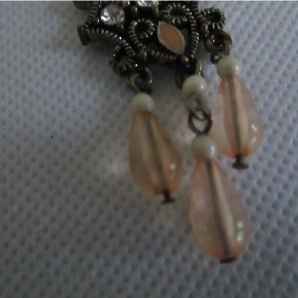 Vintage Chandelier Dangle Earrings Filigree Peach Teardrop Rhinestones Boho Glam - Picture 14 of 16